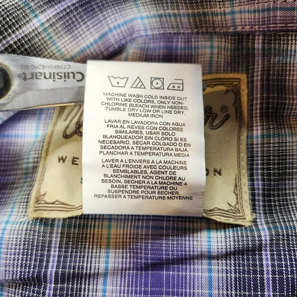Wrangler Shirt Men XL Western Fashion Pearl Snap Purple Plaid Short‎ Sleeve